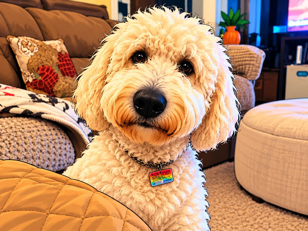 Koda the goldendoodle relaxing on the couch