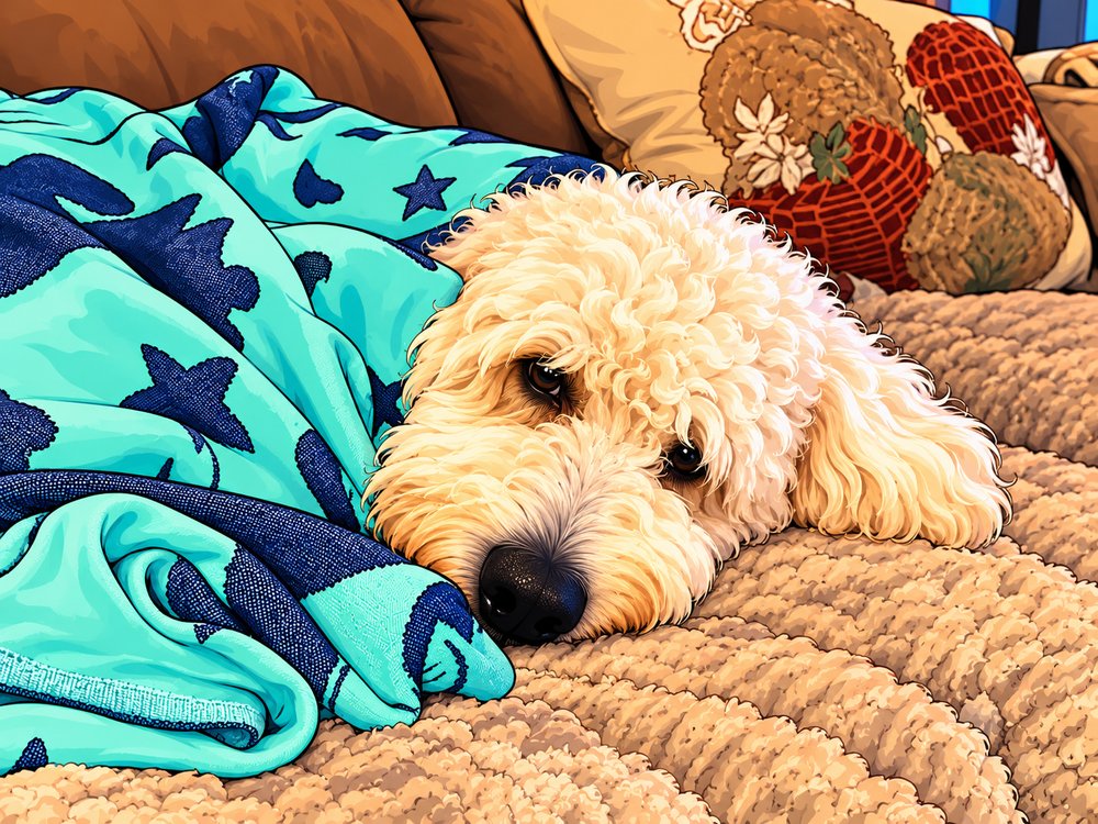 Koda napping on a cozy blanket